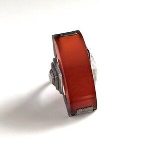 Antique Art Deco Carnelian Barrel Step Sterling Silver Statement Ring - Machine